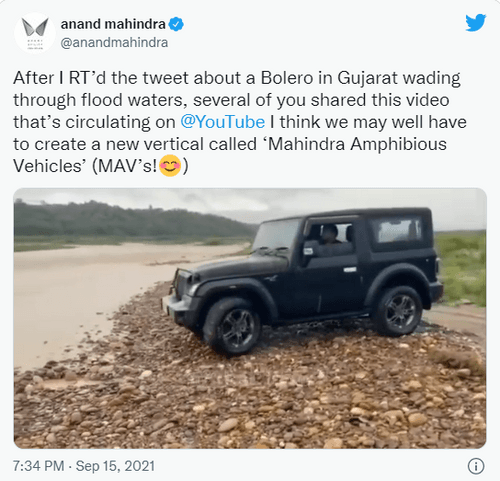 Thar crossing river without a snorkel, Anand Mahindra Shares The Video