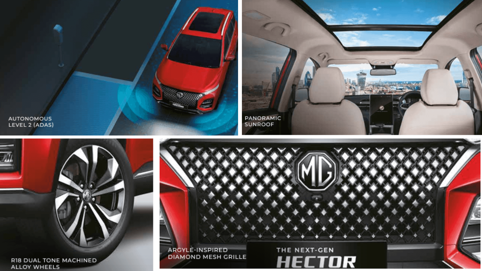MG HECTOR Features- Autonomous Level 2 (ADAS), Panoramic Sunroof, RIB Dual Tone Machined Alloy Wheels, Aroyle-inspired Diamond Mesh Grille
