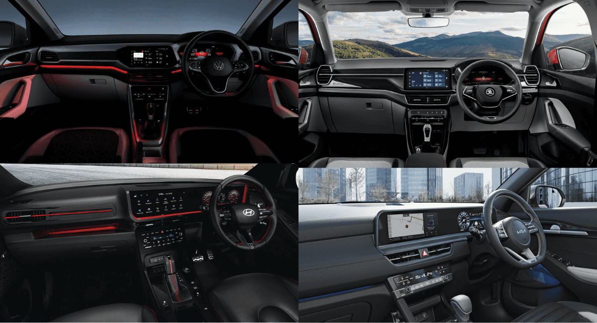 Top Left - VW Taigun GT, Top Right - Skoda Kushaq, Bottom Left - Hyundai Creta N-Line, Bottom Right - Kia Seltos X-Line
