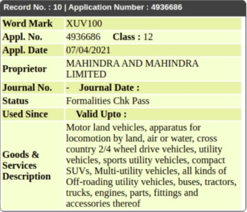 Mahindra Registers Multiple Vehicles with XUV prefix