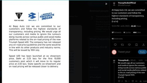 Bajaj Auto Ltd Clarifies Rumors: Triumph Speed 400 On-Road Pricing Update Coming Soon Bajaj Auto Ltd Clarifies Rumors: Triumph Speed 400 On-Road Pricing Update Coming Soon