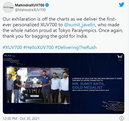 Paralympian Sumit Antil Takes A New Member “The Mahindra XUV700 Javelin Gold Edition” In His Family